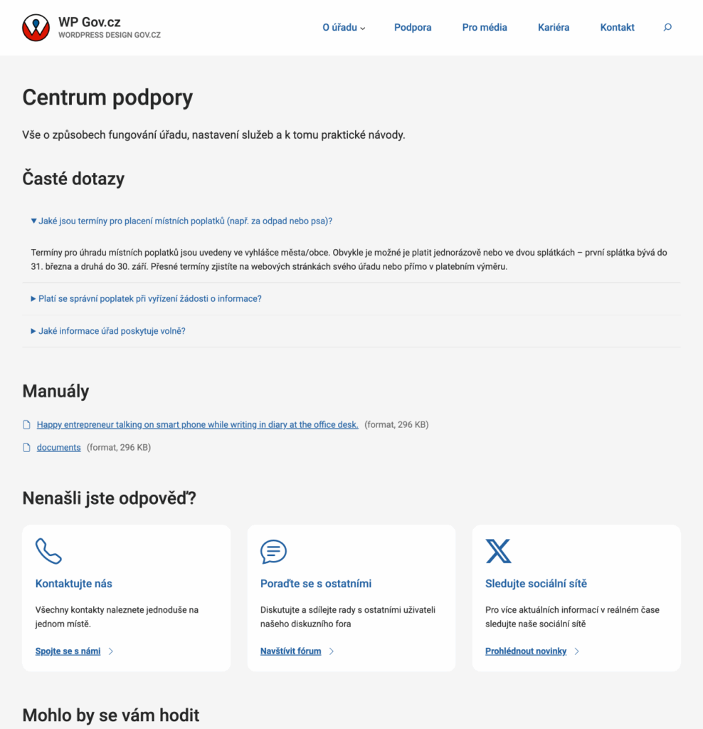 WordPress šablona - Centrum podpory