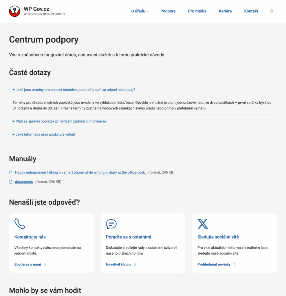 WordPress šablona - Centrum podpory